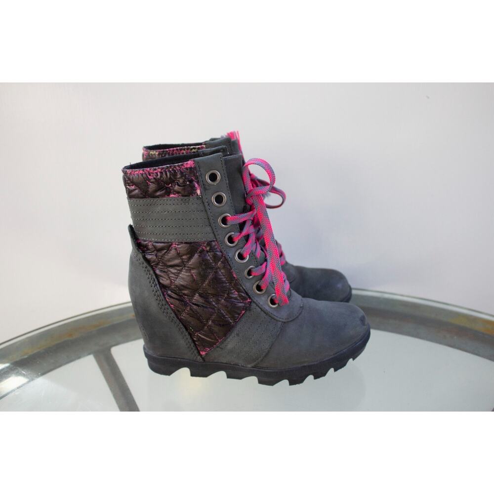 Sorel Boots Quilted Lexie Wedge Winter Snow NL3046-052 Gray Leather Lace Up SZ 5